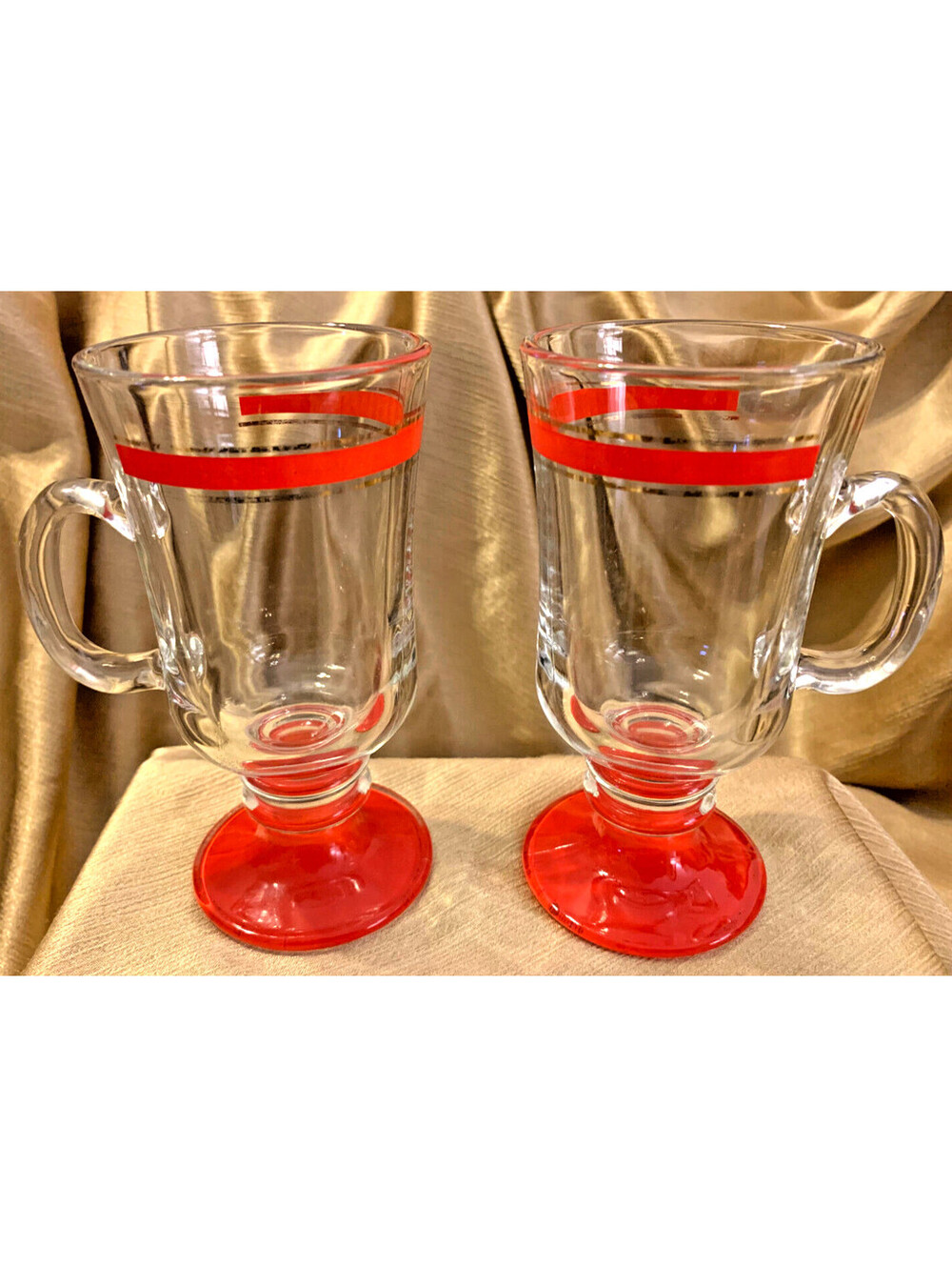 VTG Libbey Pedestal Base Irish Coffee Mugs RED Rim & Base MCM Retro 2pc